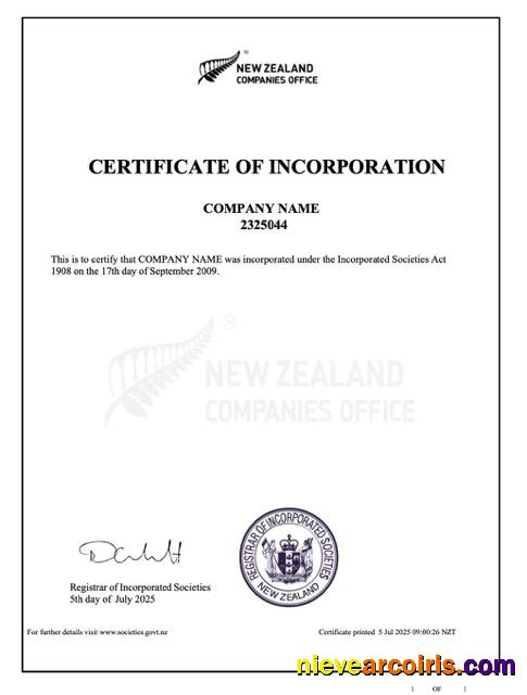 New Zealand certificate of incorporation